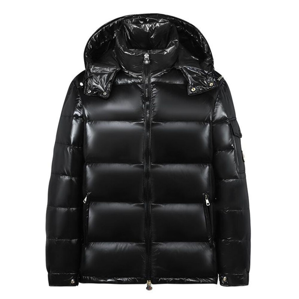 (black, M) Premium Unisex Down Jacket: Short, Glossy, Detachable Hood, Thick White Goose Down, Warm and Fashionable Cold Protection.