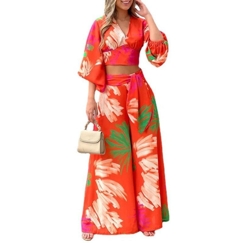 (red, XL) Spring 2025 Women's Sweet Printed V-neck Lantern Sleeve Top & High Waist Wide-leg Pants Set