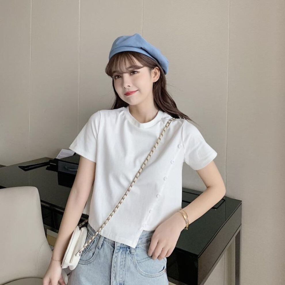 (white, XXL) 2025 Women's Sweet & Spicy Irregular Button Short-Sleeve Crop Top - Solid Color, Trendy Summer Style