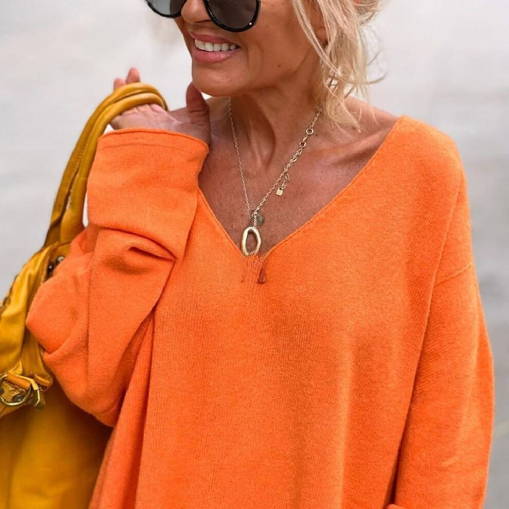 (orange, L) "women's V-neck Long Sleeve Casual Knit Sweater - Comfortable And Versatile Solid Color Top