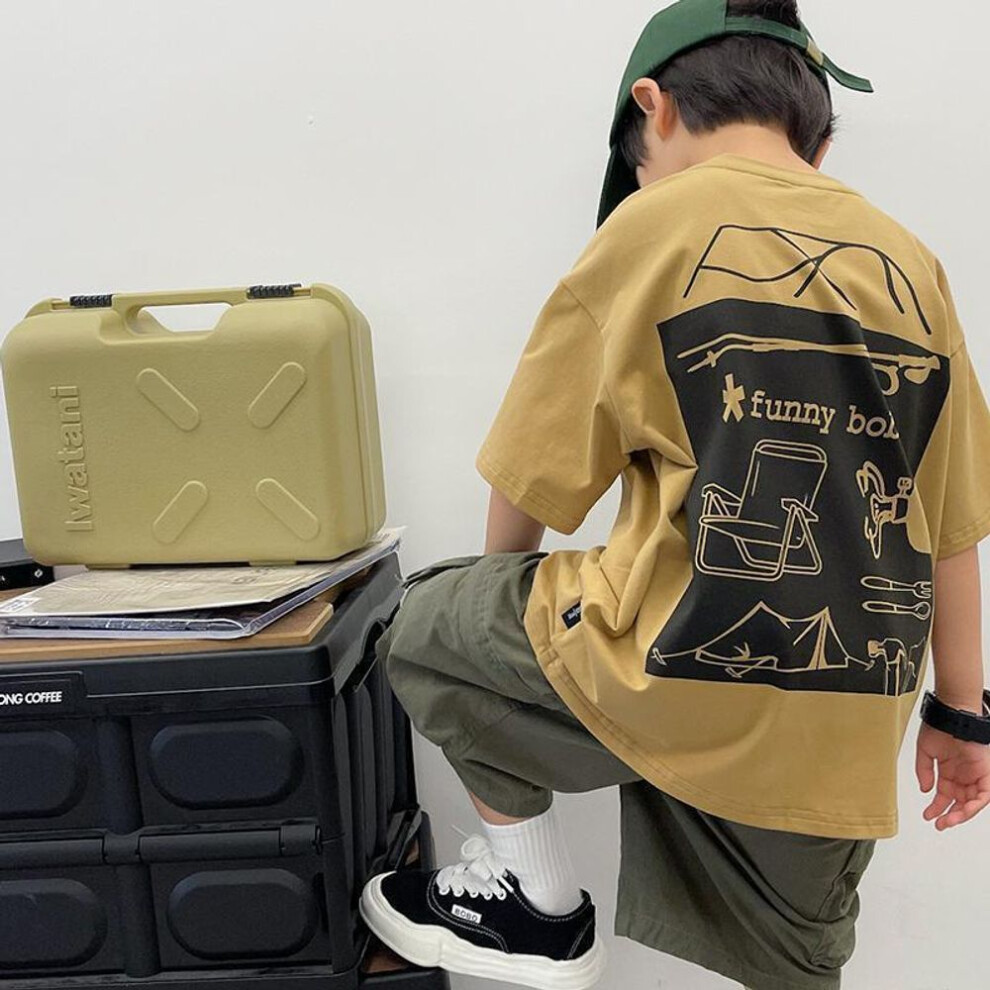 (khaki, 150) Boys' Japanese-style Short-sleeve Summer T-shirts For Kids - Printed, Casual, Lightweight