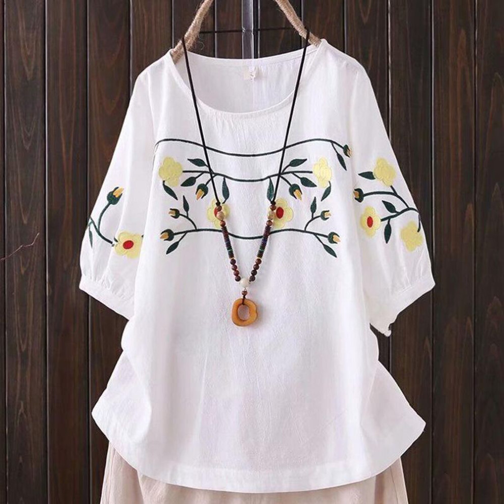 (white, L 100-120) "Women's Retro Embroidered Cotton-Linen Loose Short Sleeve T-shirt