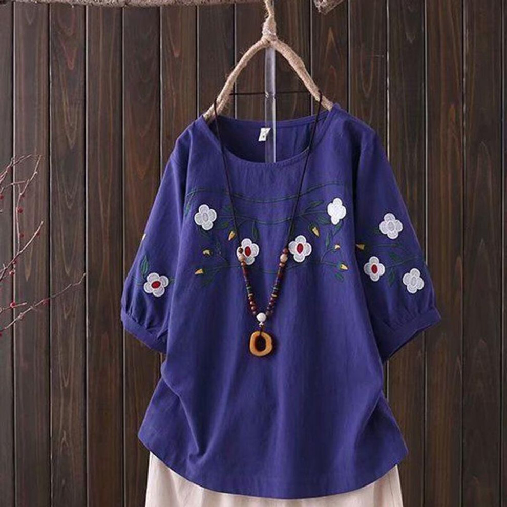 (dark blue, XXL 135-150) "Women's Retro Embroidered Cotton-Linen Loose Short Sleeve T-shirt