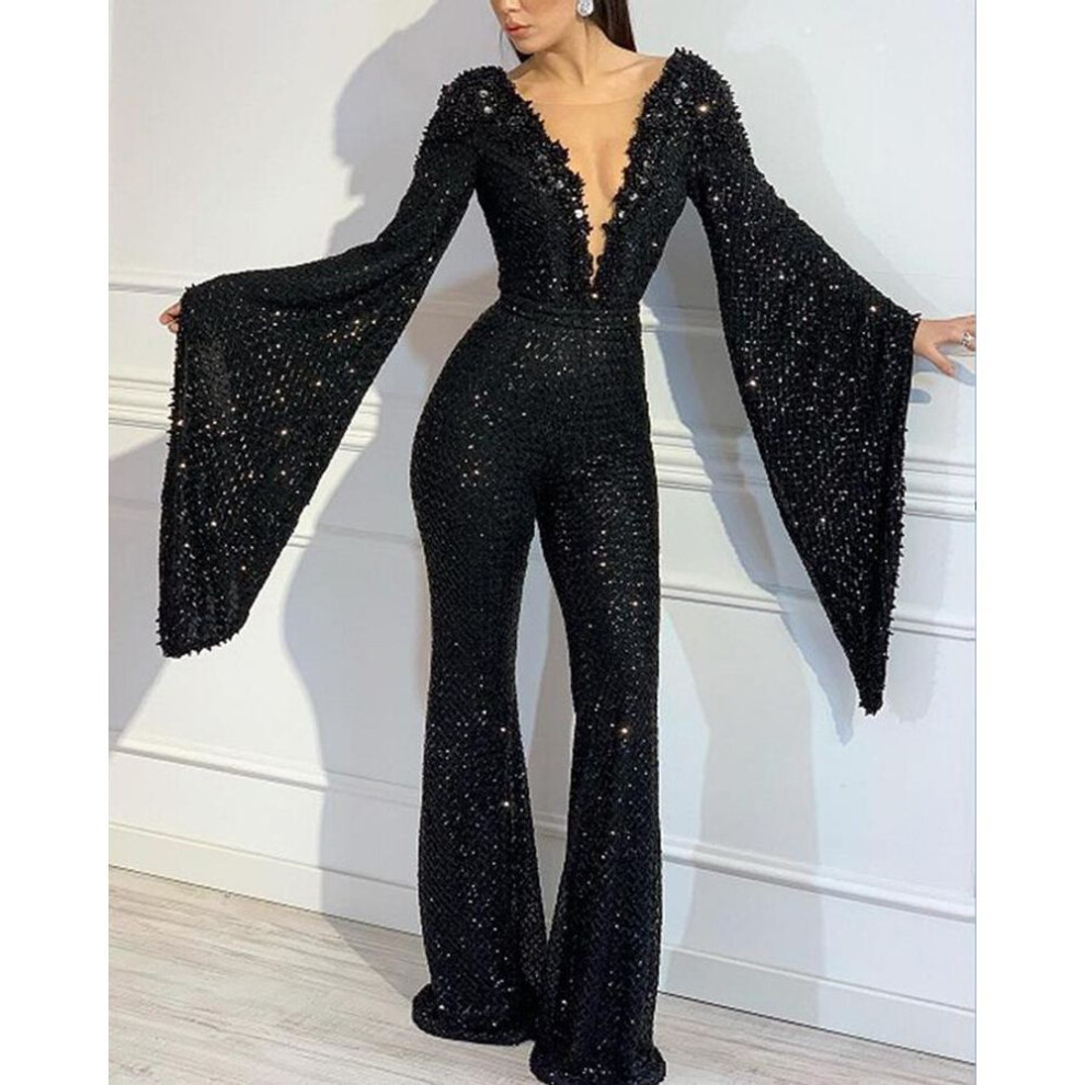 (black, L) 2020 European & American Women's Sequined V-neck Bat Sleeve Jumpsuit Top