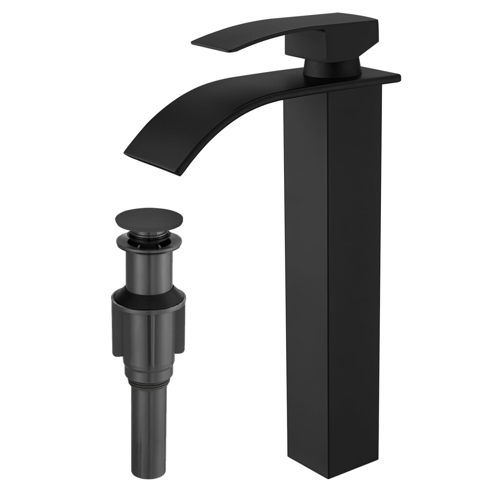 Robinet de salle de bain haut noir mat RUMOSE avec bonde escamotable, robinet de lavabo de salle de bain moderne     un trou, bec cascade, robinet