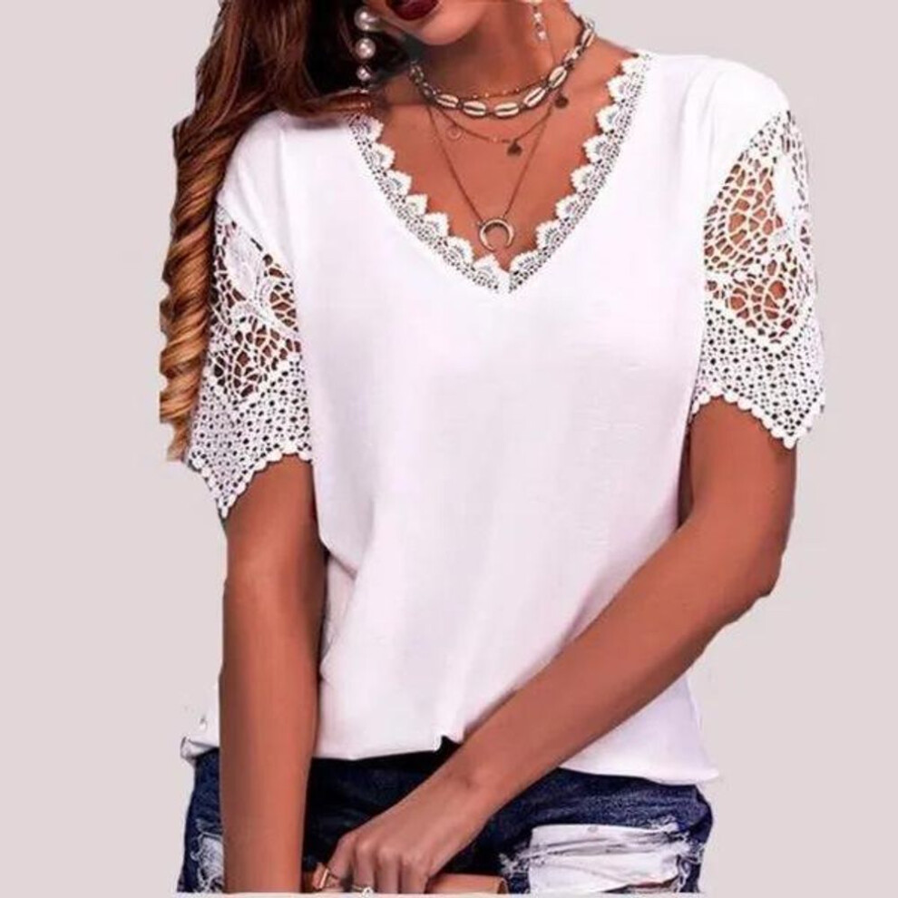 (white, M) 2023 Women's V-neck Lace Stitching Loose Short-sleeved T-shirt