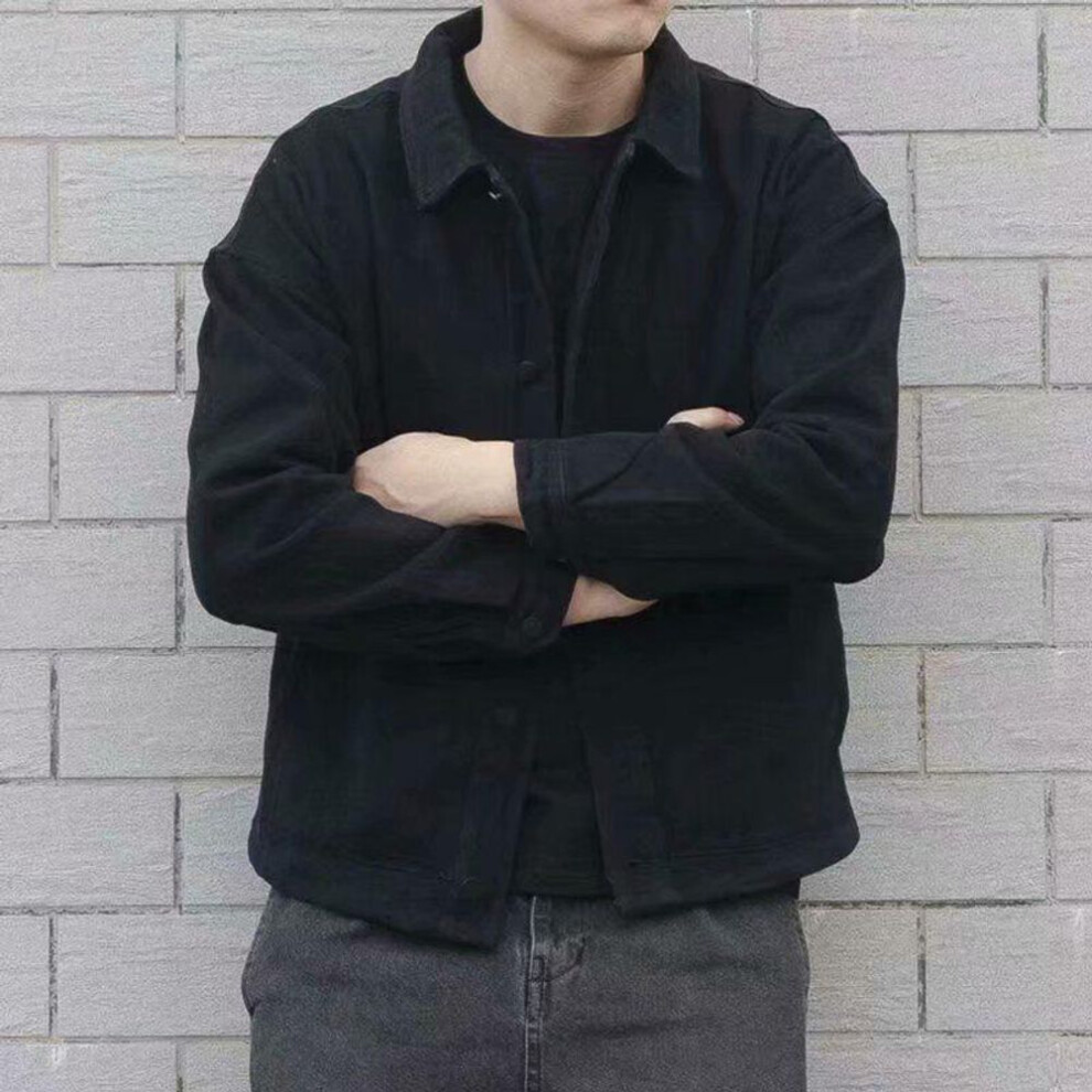 (black, M) Men's Black Retro Japanese Motorcycle Denim Jacket - Trendy, Handsome, Loose Workwear for Spring and Autumn.