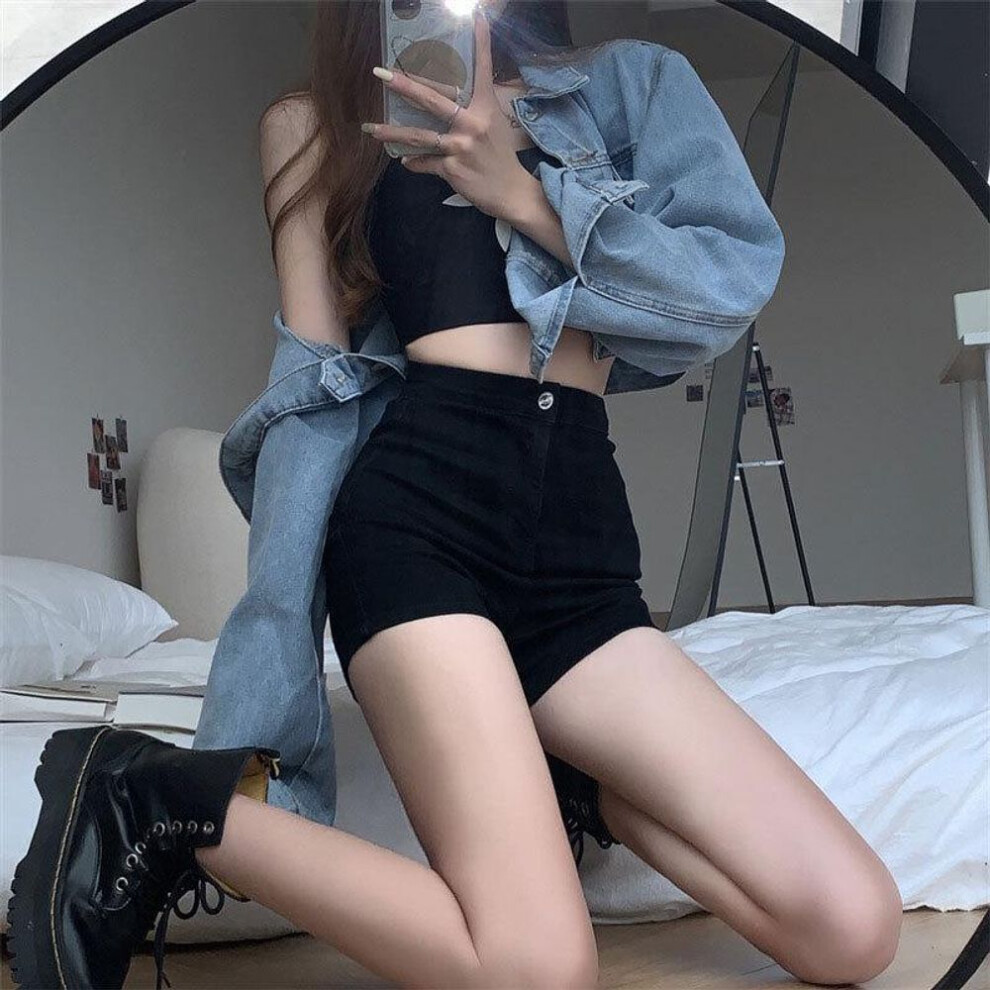 (black, XL) Women's Black High-waisted Denim Shorts - Elastic, Trendy Summer Style