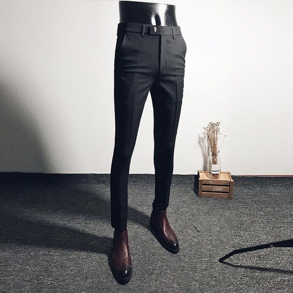 (black, 33) Men's Slim-fit Black Elastic Nine-point Business Casual Trousers - British & Korean Style Summer Suit Trousers