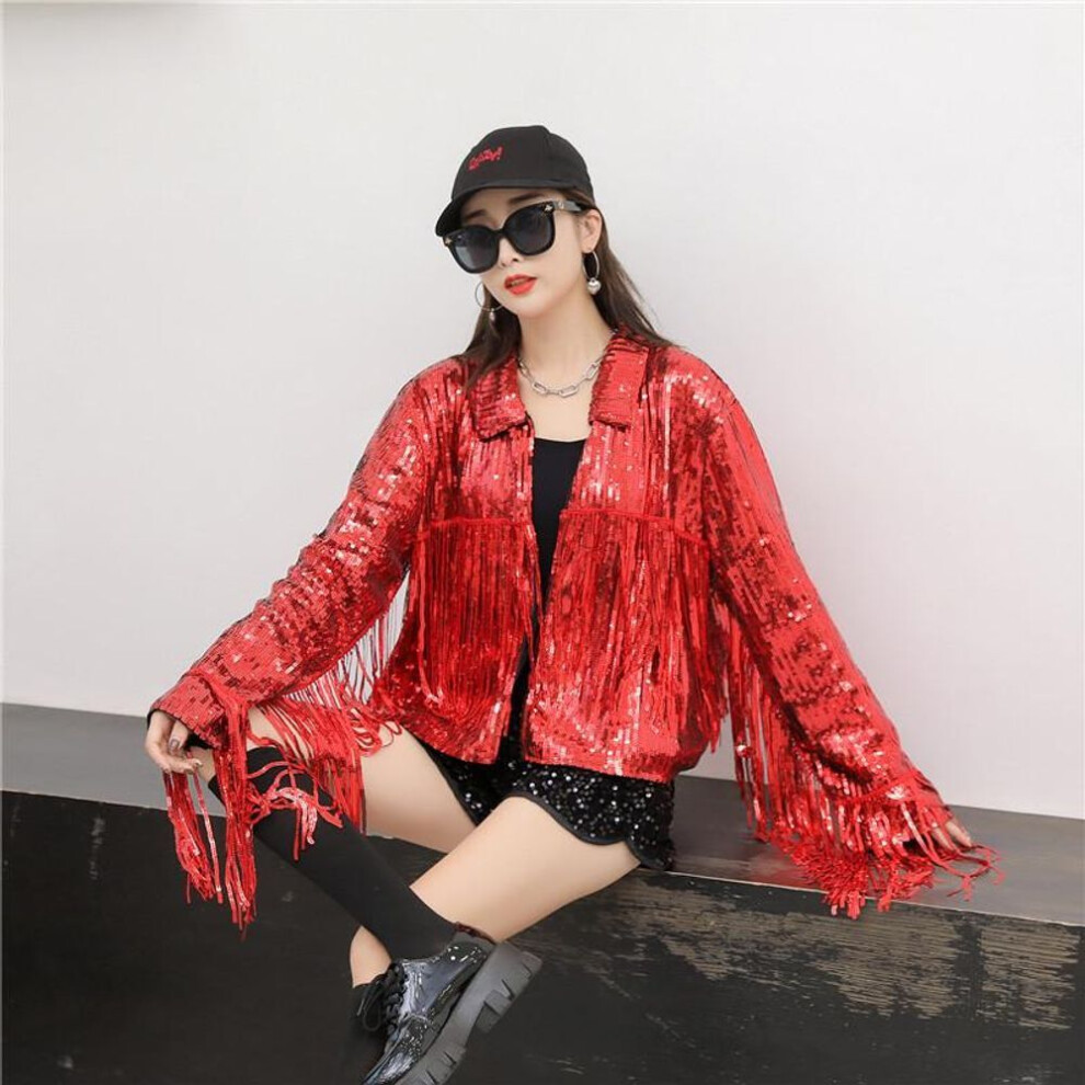 (red, M) Women's Tassel Sequin Jacket - 2024 Autumn/Winter Collection