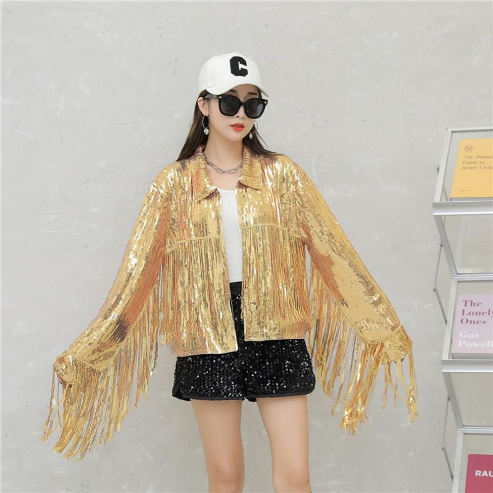 (gold, M) Women's Tassel Sequin Jacket - 2024 Autumn/winter Collection