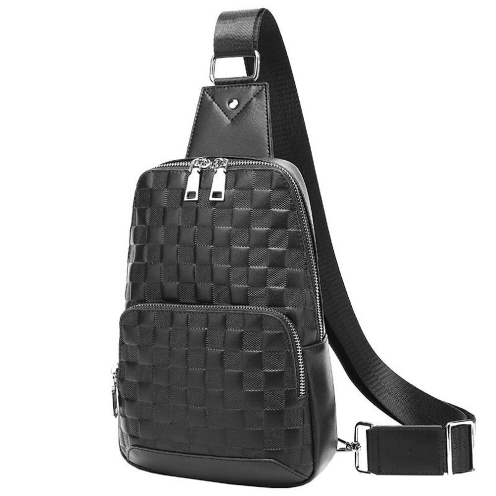 (black) 2024 Men's Casual Fashion Plaid Leather Messenger Bag & Backpack