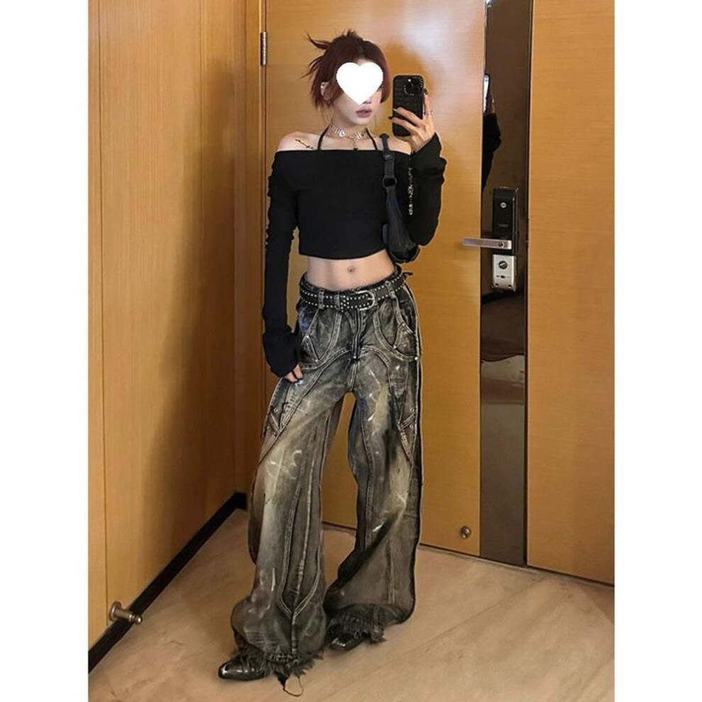 (black, M) Unisex Tie-dye Graffiti Wide-leg Jeans - Retro Distressed Summer Style