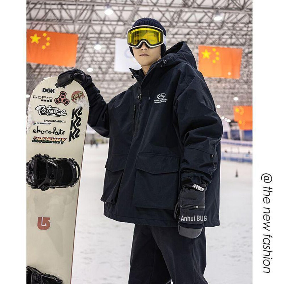(black, L) "Water-Repellent Hooded Ski Suit with Padded Cotton Jacket for Winter Outdoor Activities