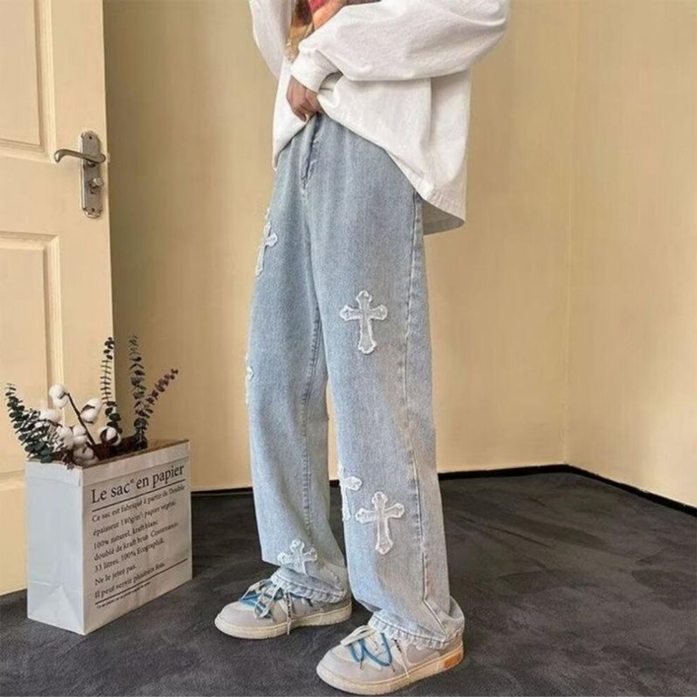 (blue, 2XL) Men's Washed Distressed Straight Jeans - Retro Trendy Loose-Fit for Spring & Autumn