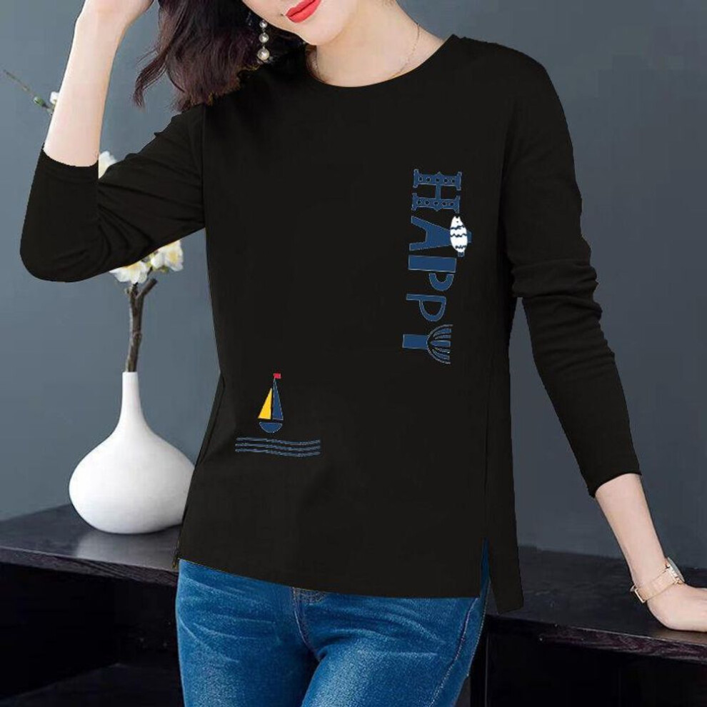 (black, S) "Women's Slim Fit Printed Cotton Long Sleeve T-Shirt - Round Neck, Split Hem