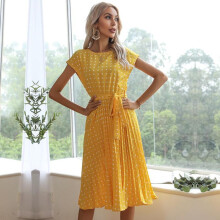 (yellow, L) "Polka Dot Pleated Dress with Tie - Short-Sleeved, Mid-Length Skirt for Summer"