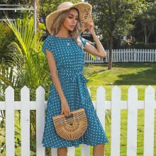 (blue, XXL) "Polka Dot Pleated Dress with Tie - Short-Sleeved, Mid-Length Skirt for Summer"