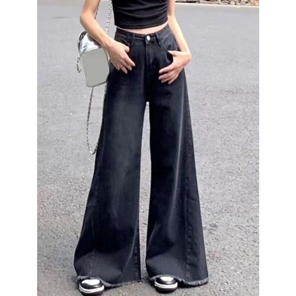 (black gray, XL) Women's Black Wide-Leg High-Waist Raw Edge Jeans