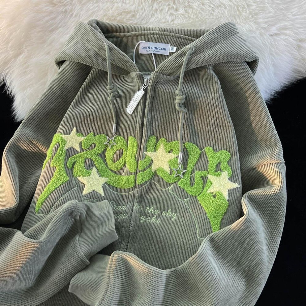 (light green, L) Women's Vintage Star Corduroy Hooded Cardigan - Loose Fit, Trendy Street Style for Spring and Autumn