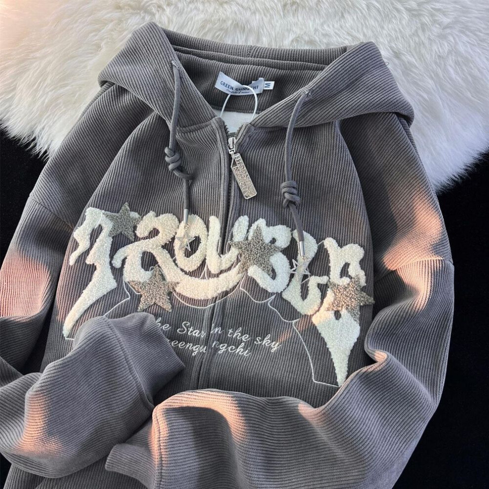 (light gray, S) Women's Vintage Star Corduroy Hooded Cardigan - Loose Fit, Trendy Street Style for Spring and Autumn