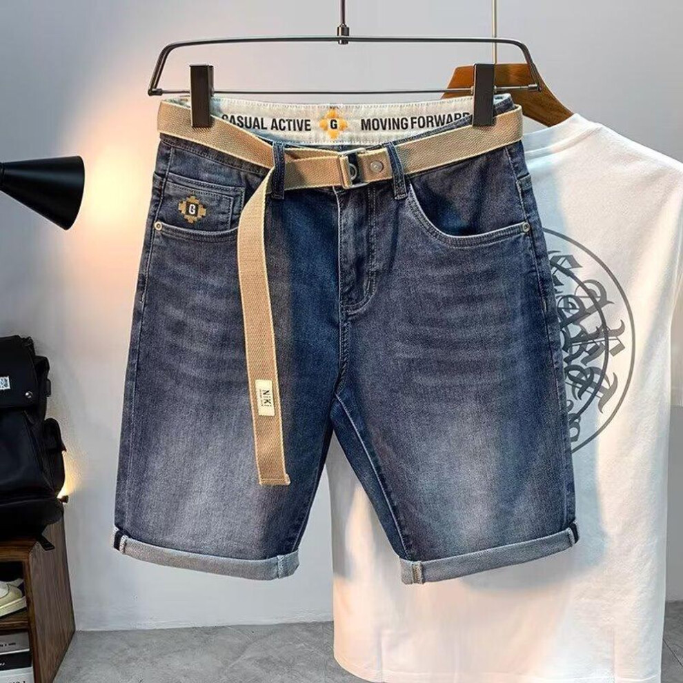 (blue, 36) Men's Trendy Embroidered Summer Denim Shorts - Washed, Casual, Slightly Loose, Straight-Fit, Five-Point Breeches.