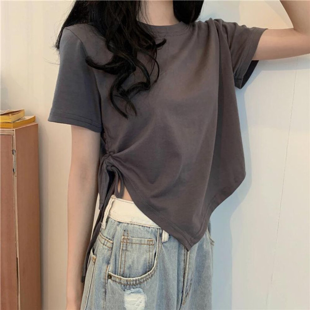 (gray, Extra Large) Women's Irregular Drawstring Short-Sleeve T-Shirt, 2025 Summer Korean Style, All-Match Student Hottie Top