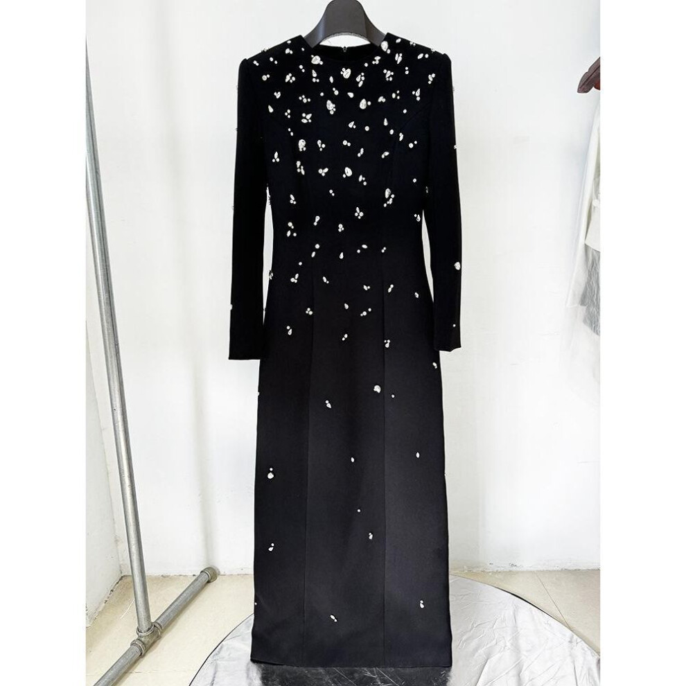 (black, L) Elegant Heavy Beaded Diamond Long-Sleeve Dress, 2024 European & American Style