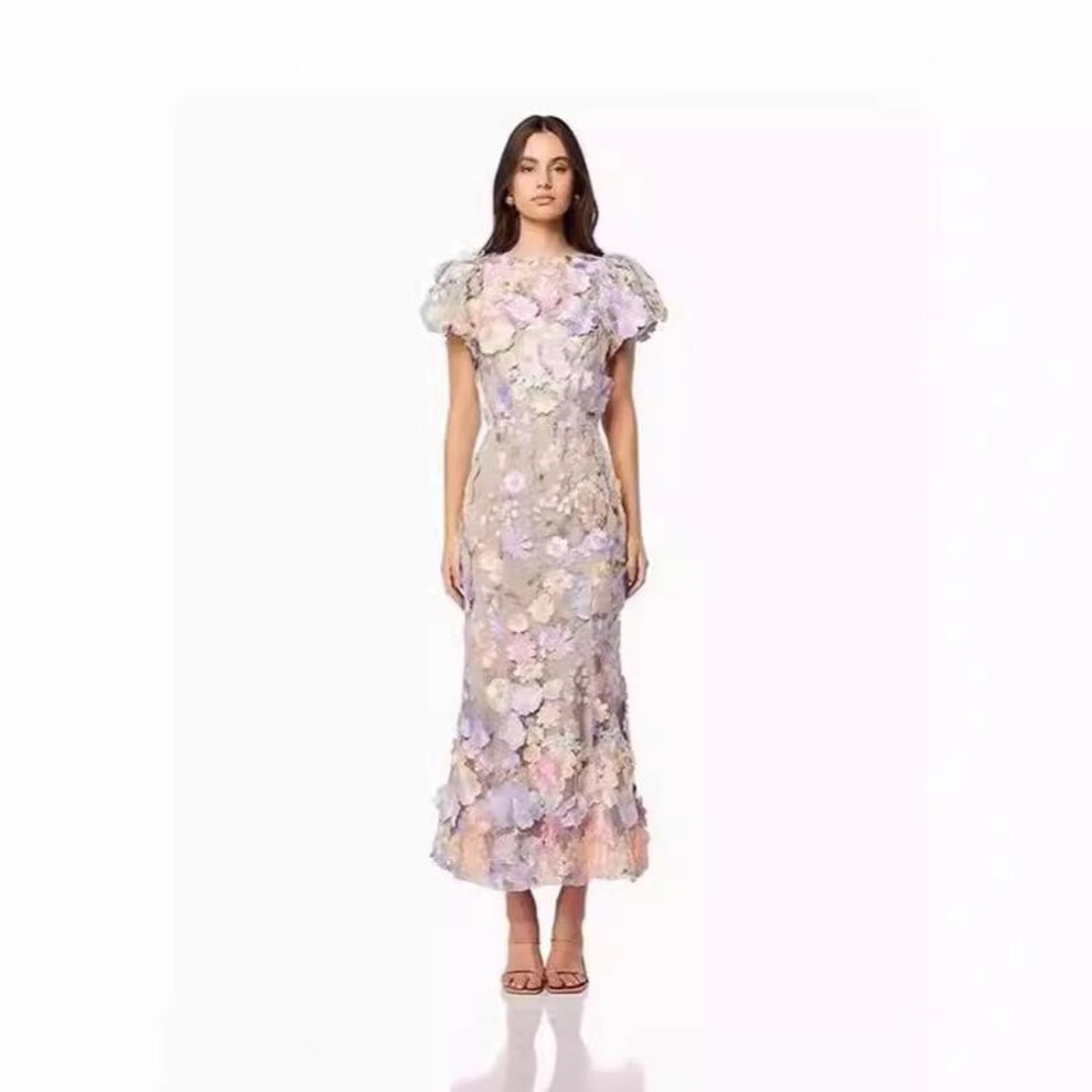 (light purple, M) Spring 2025 Light Luxury Embroidered Puff Sleeve Dress