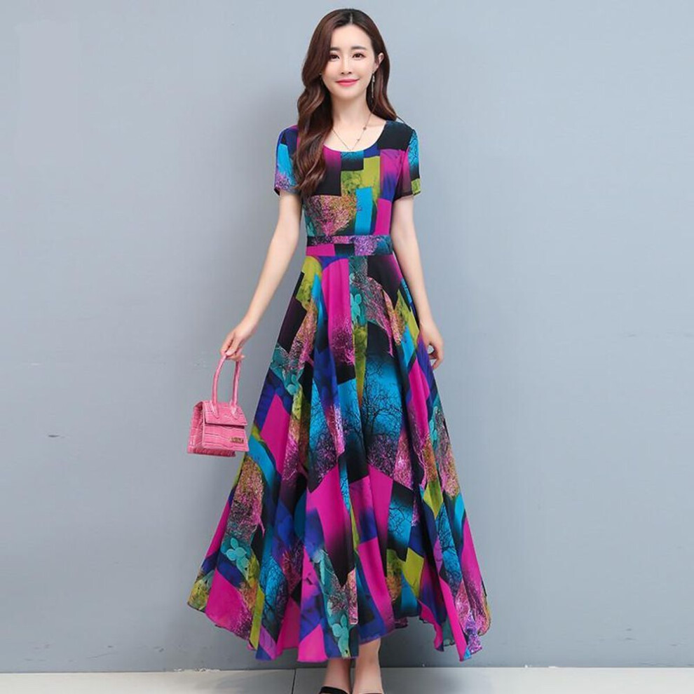 (purple, 3XL) "women's Korean Style Slim Fit A-line Dress: 2021 Summer Ice Silk Printed Short Sleeve