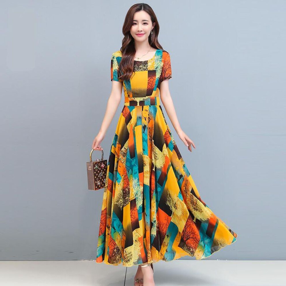 (yellow, L) "Women's Korean Style Slim Fit A-Line Dress: 2021 Summer Ice Silk Printed Short Sleeve