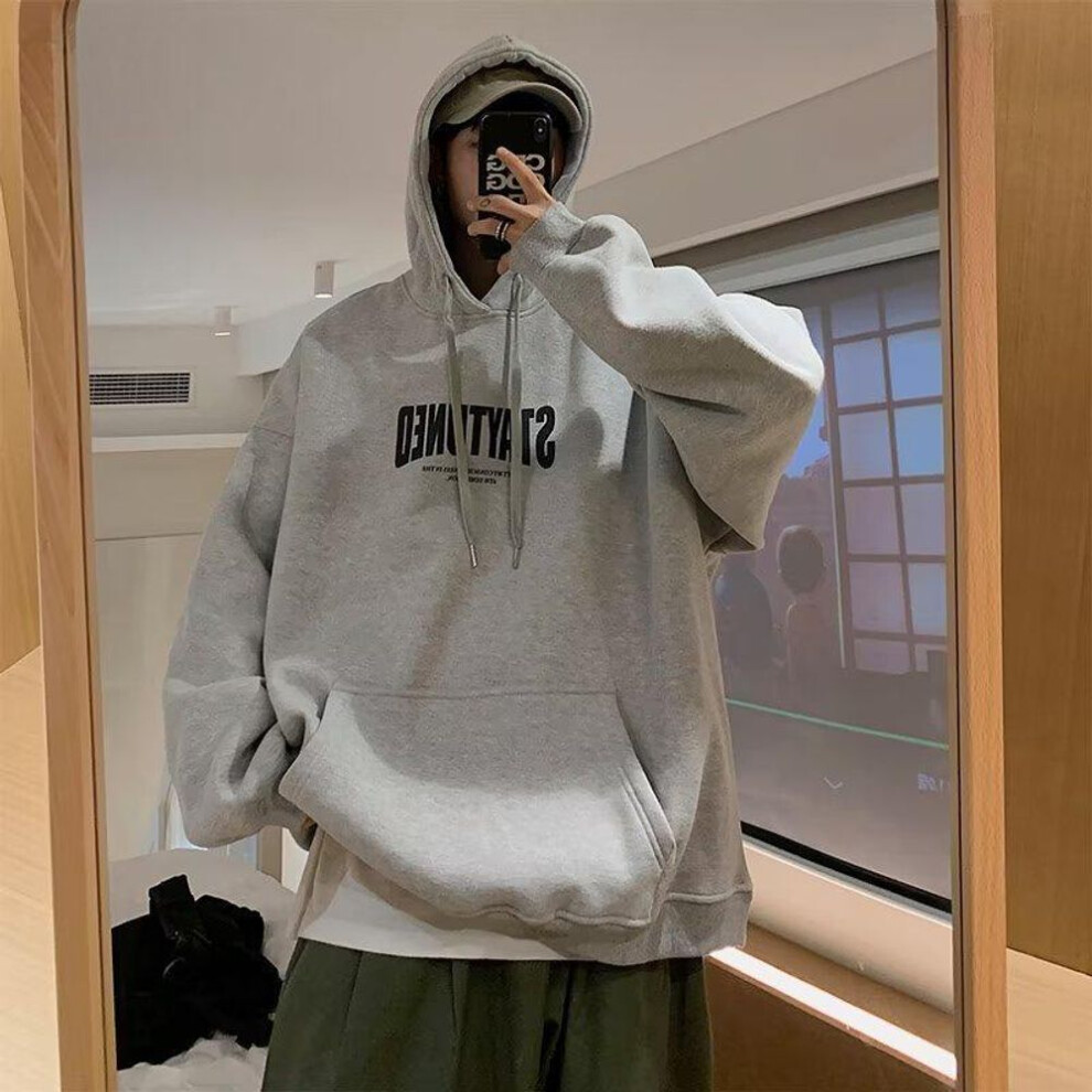(gray, 4XL) "Men's Trendy American Letter Print Hoodies - Autumn/Winter Hong Kong Style, Large Size Youth Pullover Jacket