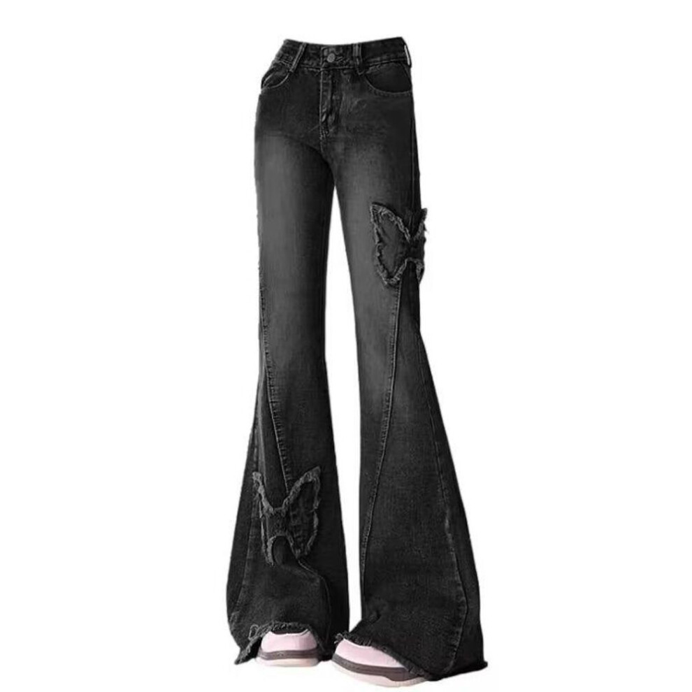 (black gray, Extra Large) American Style Women's High Waist Loose Flared Jeans in Plus Size