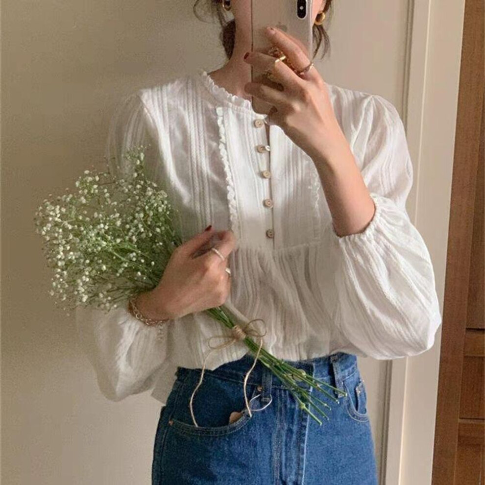 (apricot, Large) "korean Chic Spring Retro Pleated Lace Buttoned Blouse For Women
