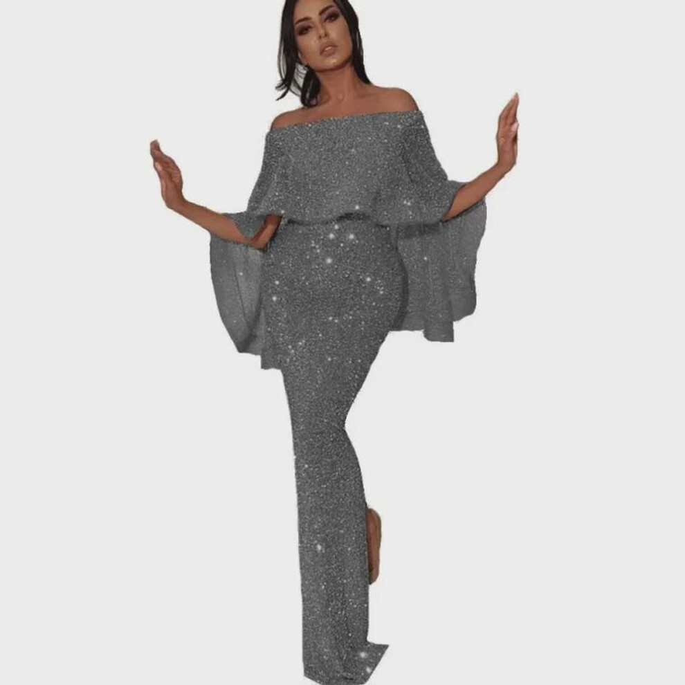 (silver gray, Triple Extra Large) "2024 Stylish One-shoulder Ruffled Chest Wrap Evening Dress With Hip Slit