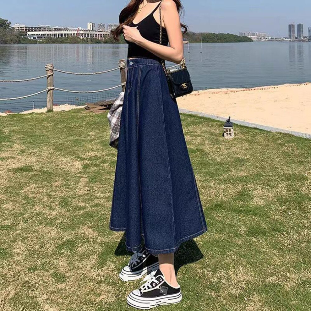 (dark blue, M) Women's Long Denim A-line Pleated Skirt - 2022 Summer Trend
