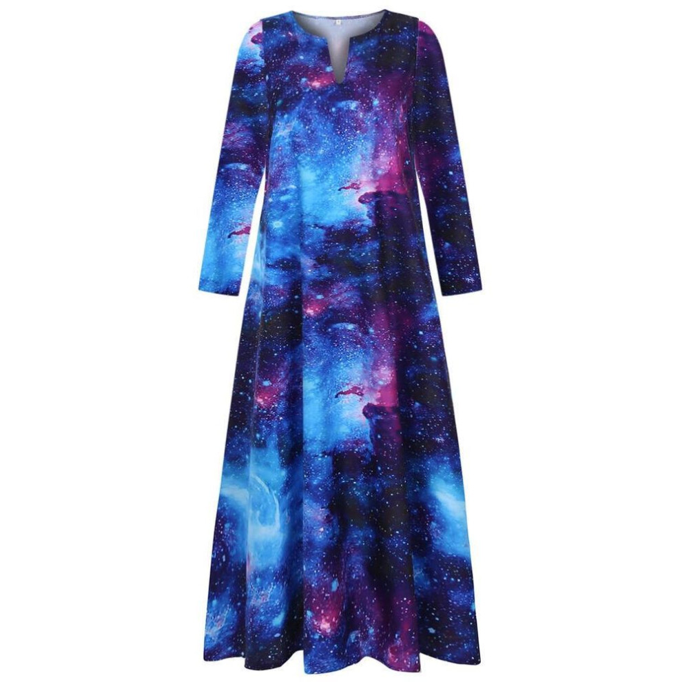 (blue, 4XL) New Fashion 3D Starry Sky Print Long Sleeve Maxi Dress
