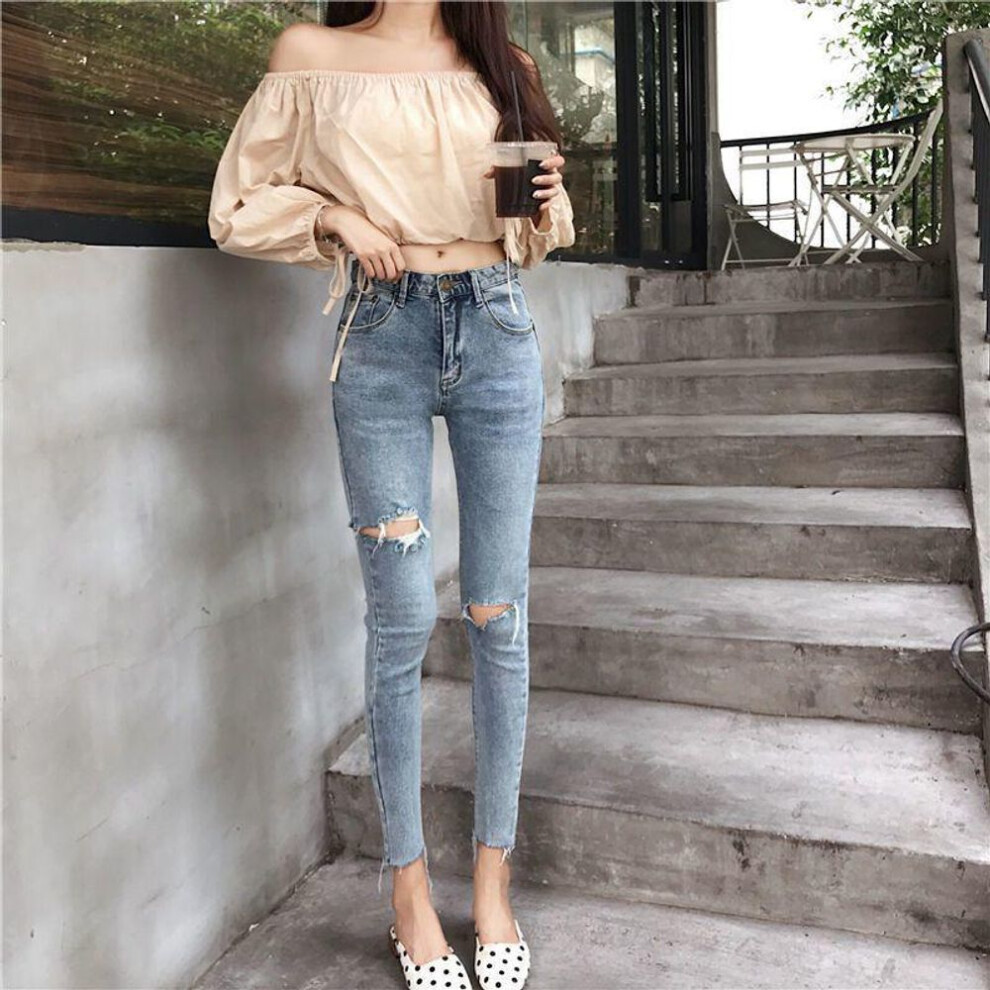 (light blue, 2XL) High-waisted Skinny Ripped Jeans For Women - Slim Fit, Raw Edge