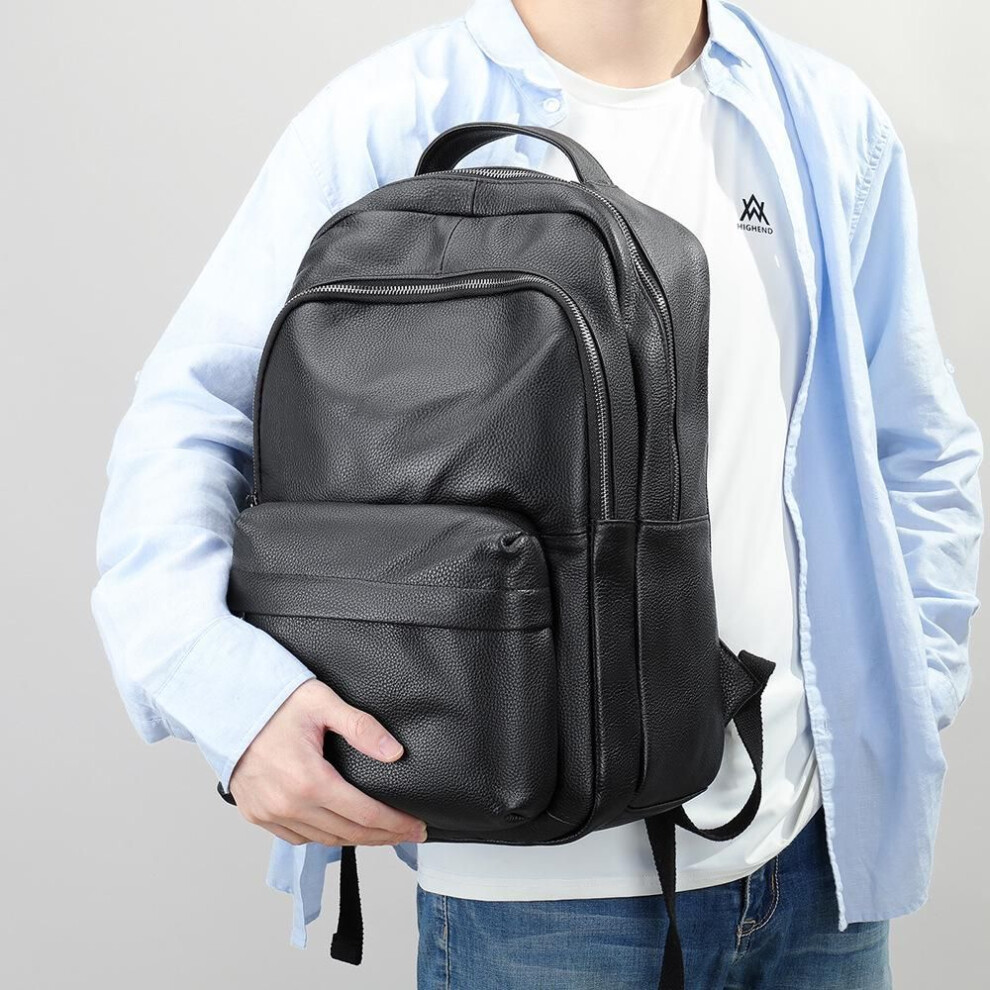 (black) "men's Trendy Black Genuine Cowhide Leather Backpack For Outdoor And Motorcycle Use