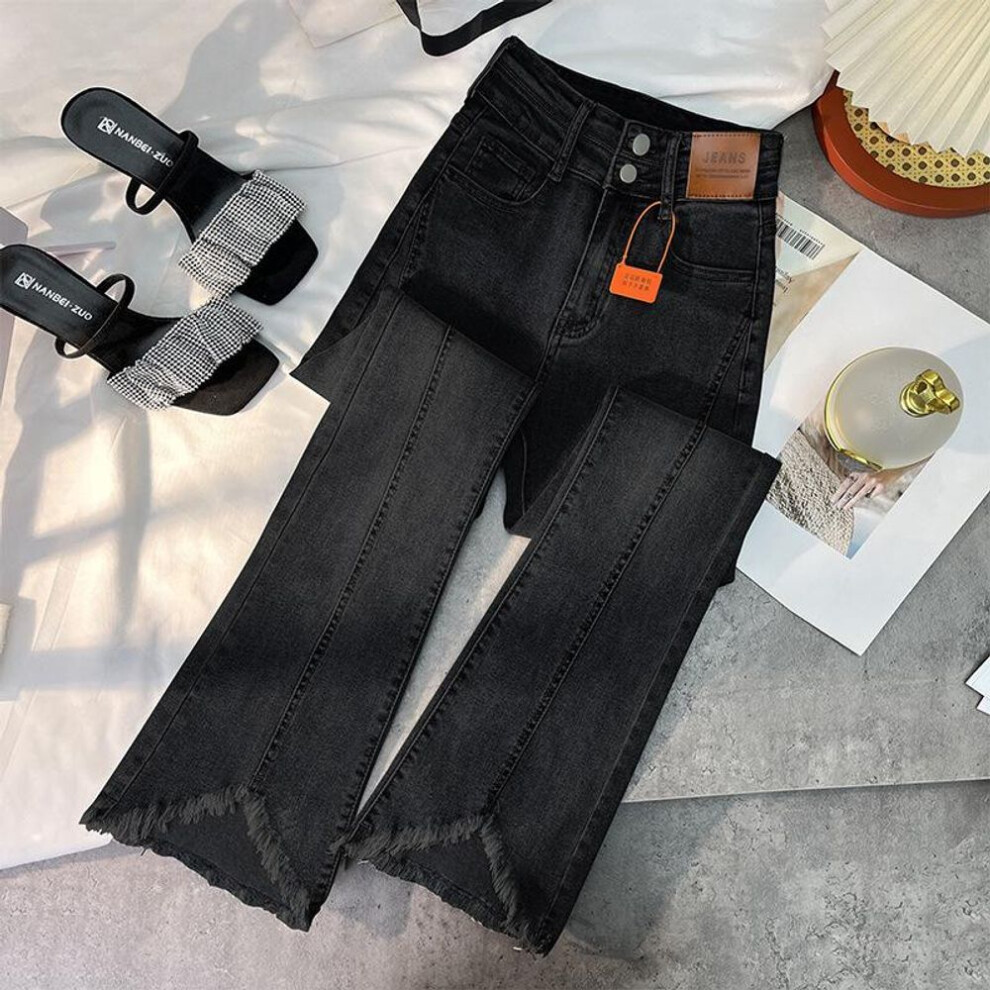 (black, 2XL) "women's High Waist Slimming Flared Jeans - 2023 Spring/autumn Style With Raw Edge, Perfect For Petite Figures