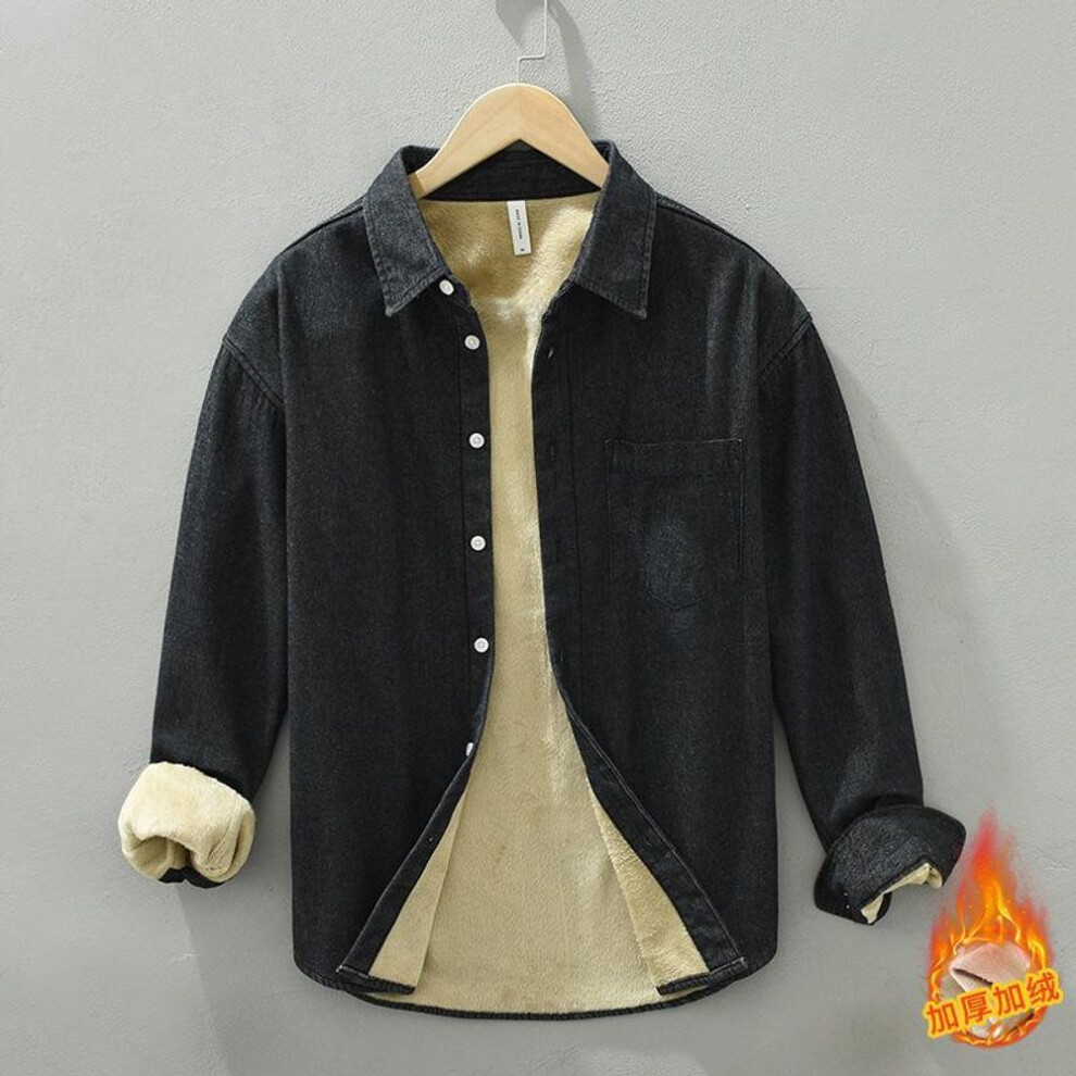 (black, XXXL) "1355 Men's Plush Thick Warm Long-Sleeved Japanese Style Denim Coat Shirt