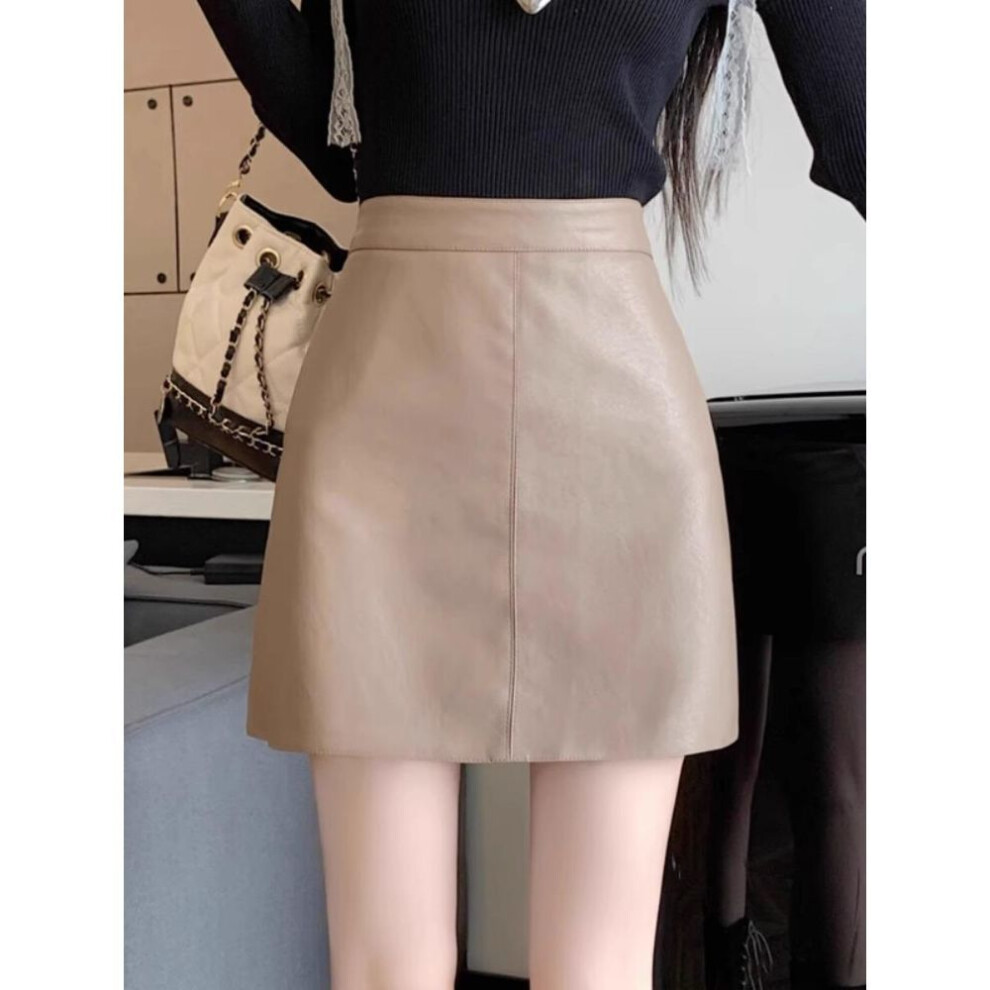 (khaki, XL) Women's 2023 Autumn/Winter High-Waist Black PU Leather A-Line Mini Skirt, Slim Fit, Anti-Exposure, Korean Style