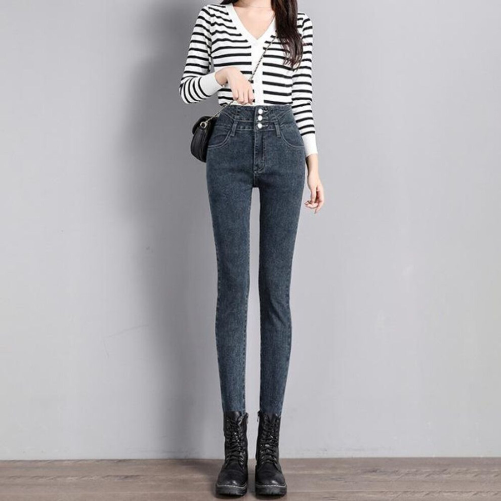 (blue,gray, 32) Buttoned High Waist Women's Slim Black Skinny Jeans