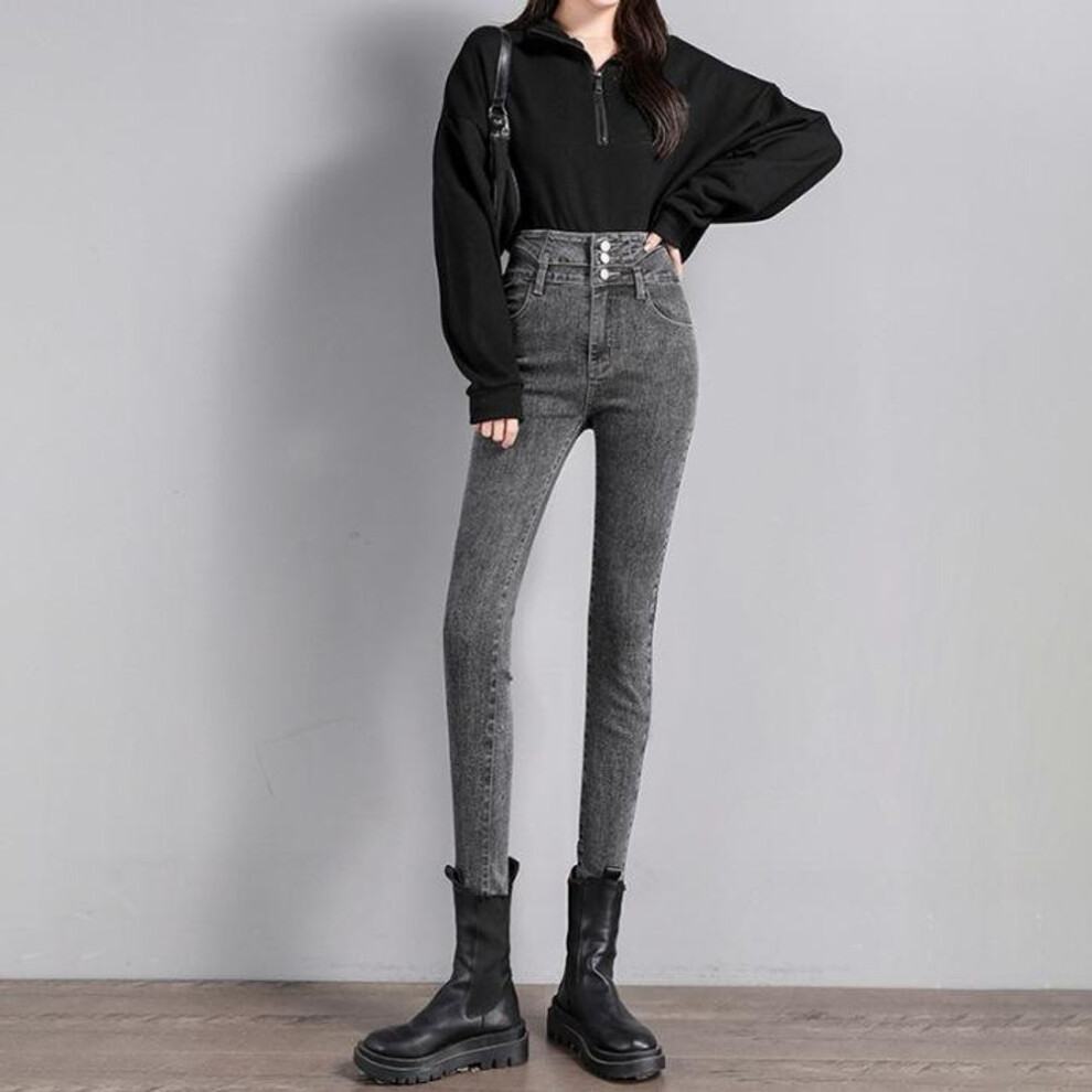 (black gray, 30) Buttoned High Waist Women's Slim Black Skinny Jeans