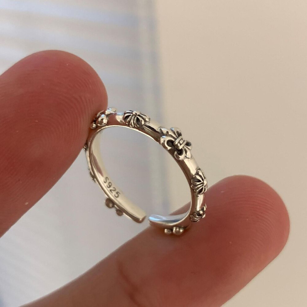 (Adjustable) "korean S925 Silver Cross Military Flower Ring: Retro, Adjustable, Fashionable Hip-hop Index Finger Design For Women.