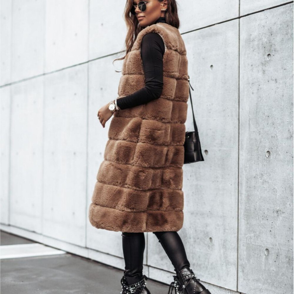 (white, XL) "Autumn & Winter Long Round Neck Fur Vest Coat
