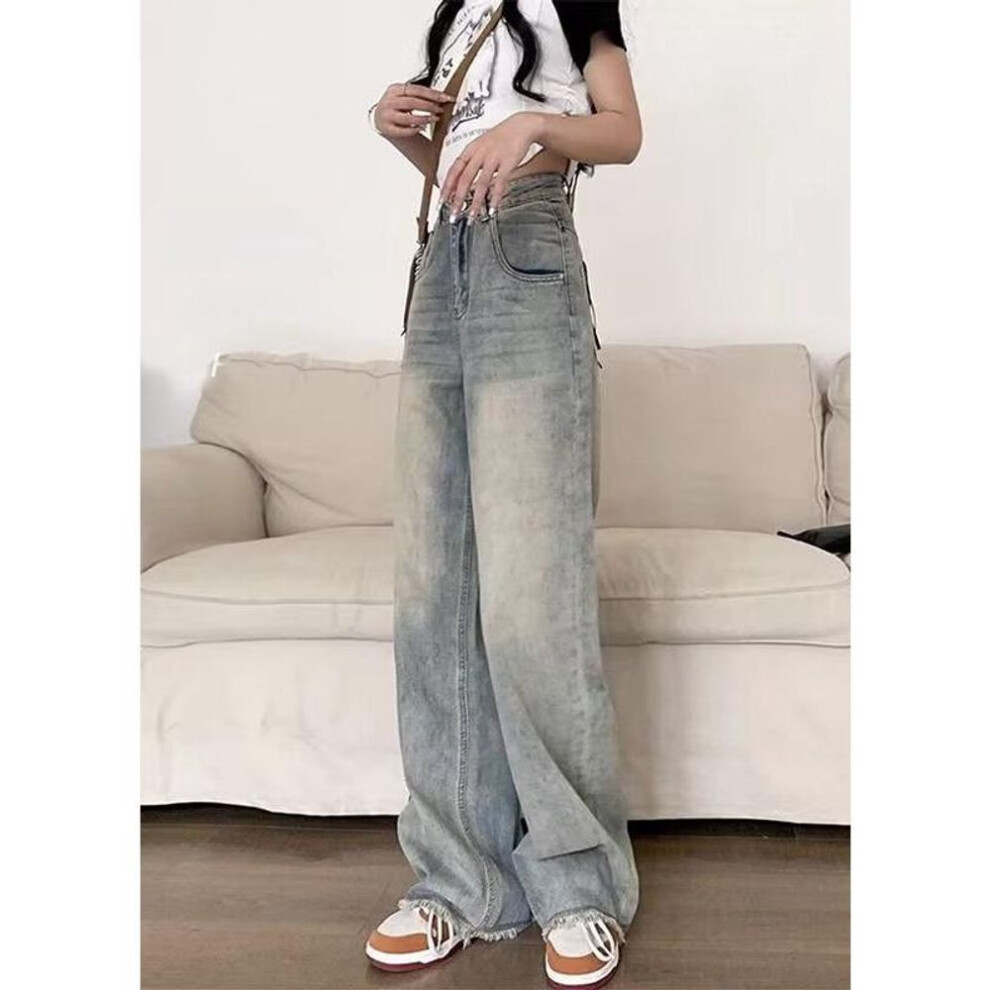 (blue, M) 2024 Women's High Waist Wide Leg Blue Jeans: Raw Edge, Loose Fit, Versatile Drape.