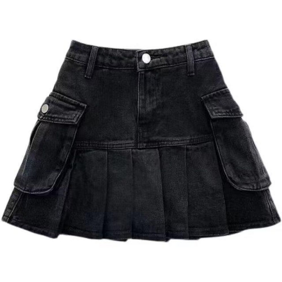 (black,gray, L) "Summer 2024 Black & Gray High-Waist Pleated Denim Skirt - Slim, Versatile, Trendy Design.