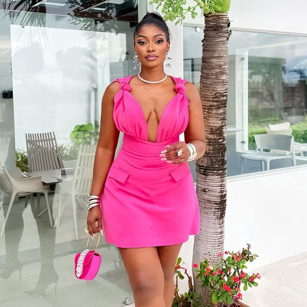 (rose red, XXL) 2024 Summer Elegant V-Neck High Waist A-Line Suspender Dress for Women
