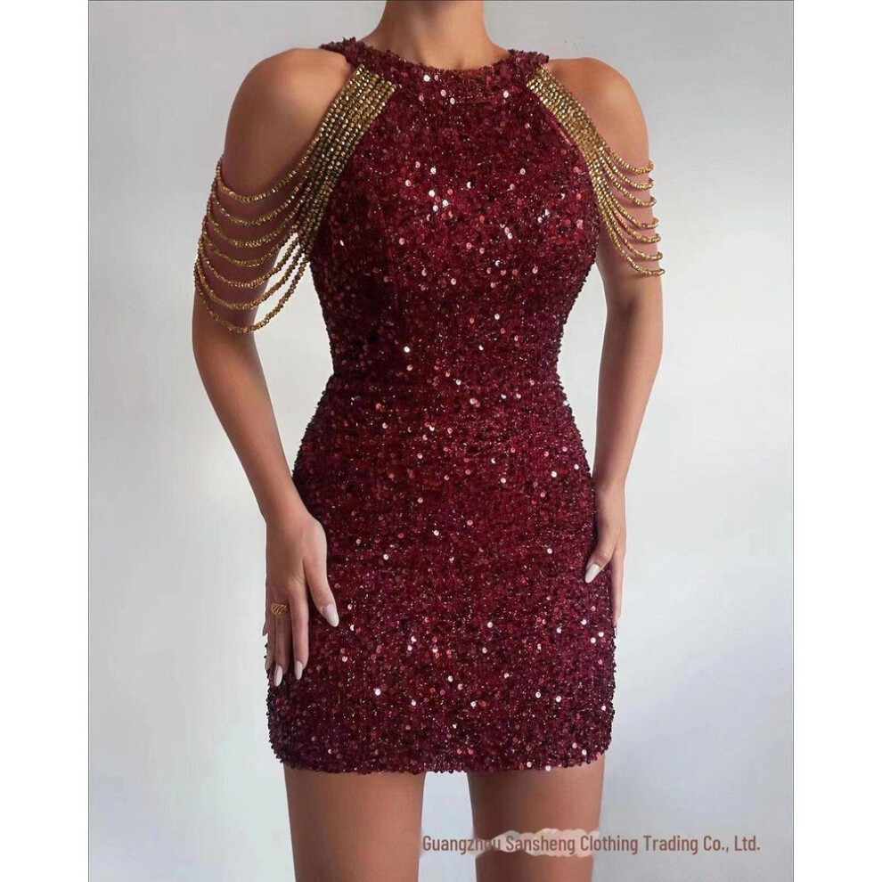 (wine red, Small) "2024 Spring/summer Halter Neck Crystal Tassel Sequined Evening Dress